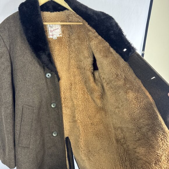 Vintage Wool Car Coat Sherpa Lined Faux Fur Collar Mackinaw Jacket Men’s 38 - Picture 6 of 8